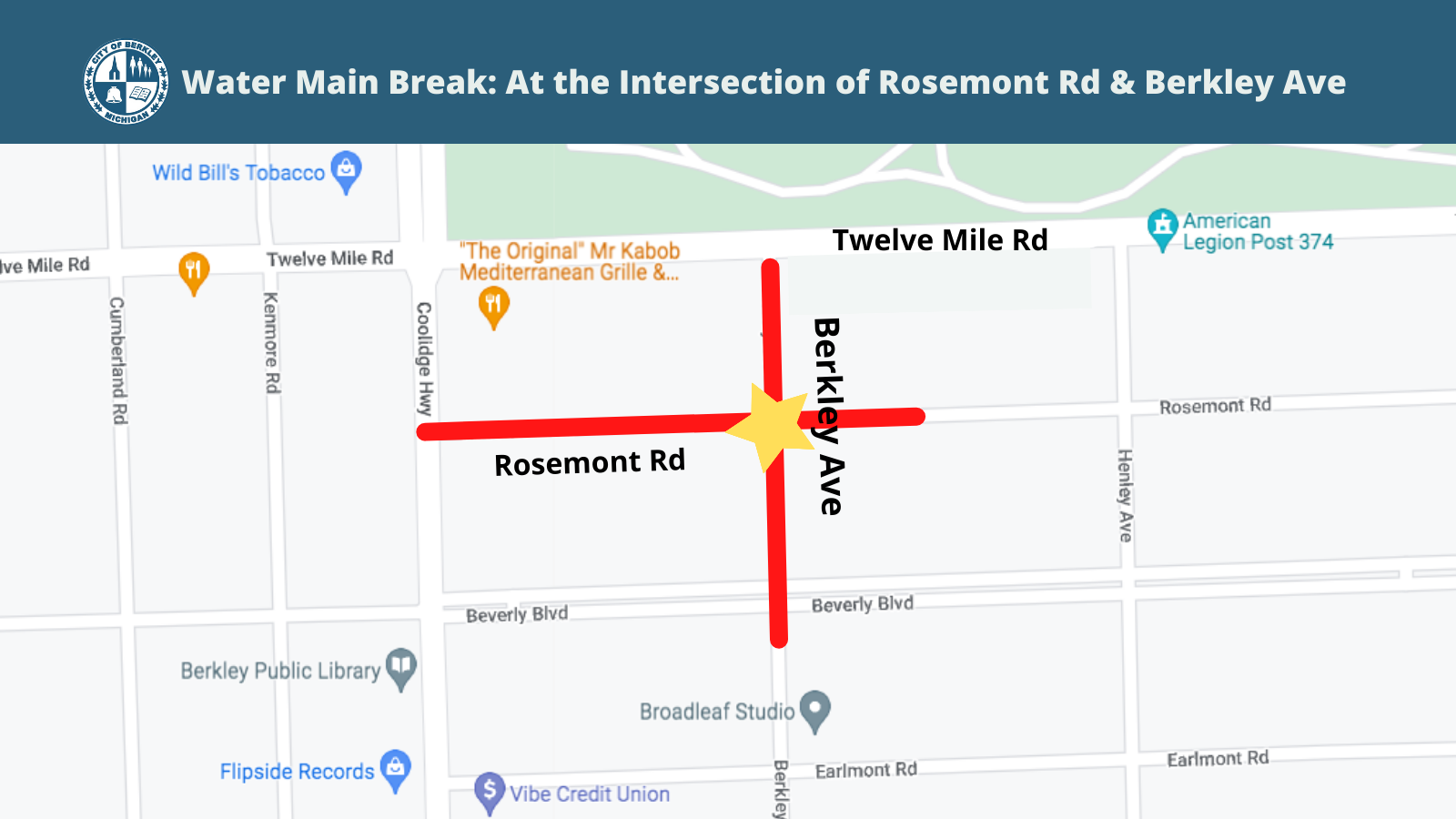 Water Main Break Maps_At the Intersection of Rosemont Rd & Berkley Ave